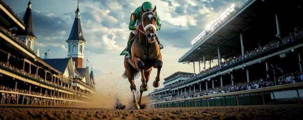 Fototapete Dramatic image of racehorse and jockey launching forward on dirt track, kicking up dust in powerful motion. Packed grandstands of Churchill Downs in the background © master1305