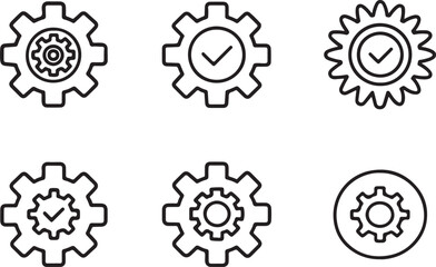 Set of 6 outline icons related to gears. Linear icon collection. Editable stroke line art. Vector illustration.