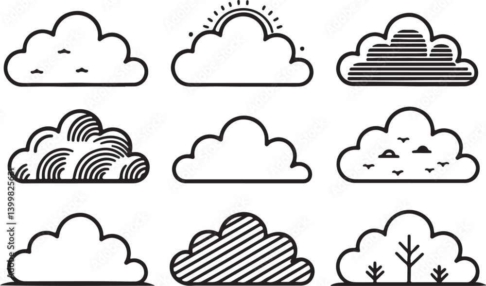 Poster set of 6 outline icons related to clouds. linear icon collection. editable stroke line art. vector i