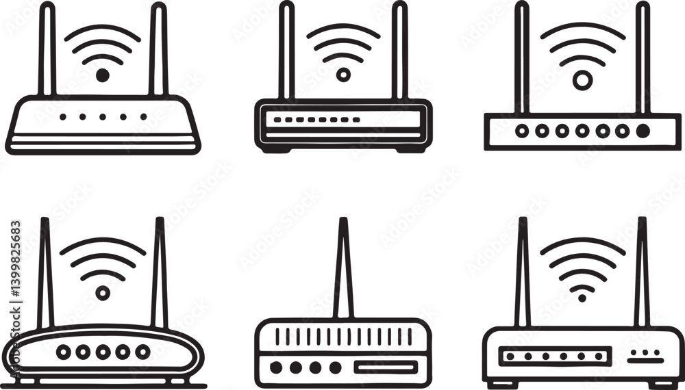 Poster set of 6 outline icons related to router and signal model. linear icon collection. editable stroke l