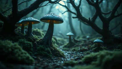 Gnarled blackthorn branches, silver moss, glowing fungi, mist-covered forest floor, dark and tranquil scene.