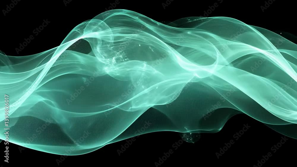 Poster abstract teal flowing shapes with transparent wireframe and particles against a black backdrop creat