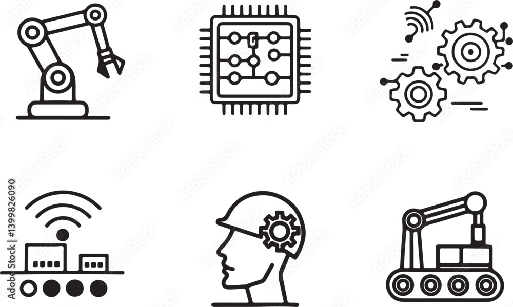 Poster set of 6 outline icons related to robotic integration. linear icon collection. editable stroke line 