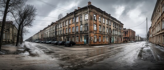 Naklejka premium City street, old buildings, winter, overcast