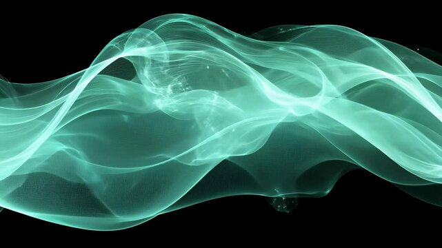 Abstract teal flowing shapes with transparent wireframe and particles against a black backdrop create an ethereal digital graphic