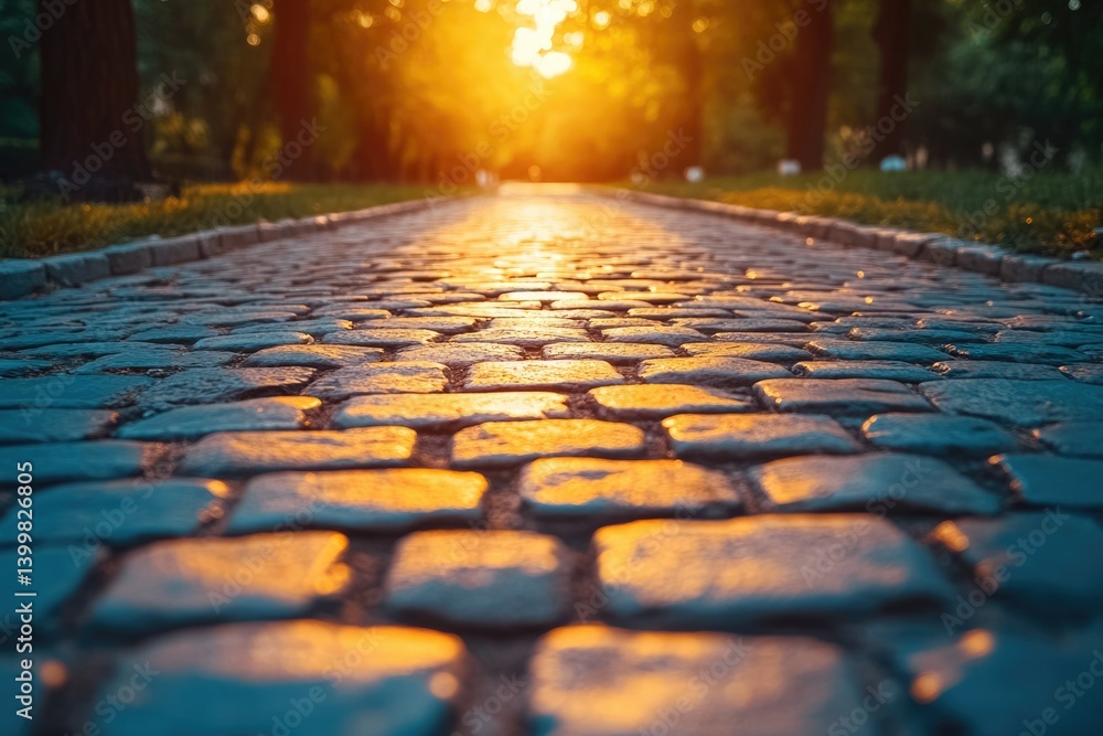 Poster Sunlit cobblestone path through a tree-lined avenue at sunset, creating a warm, inviting atmosphere.