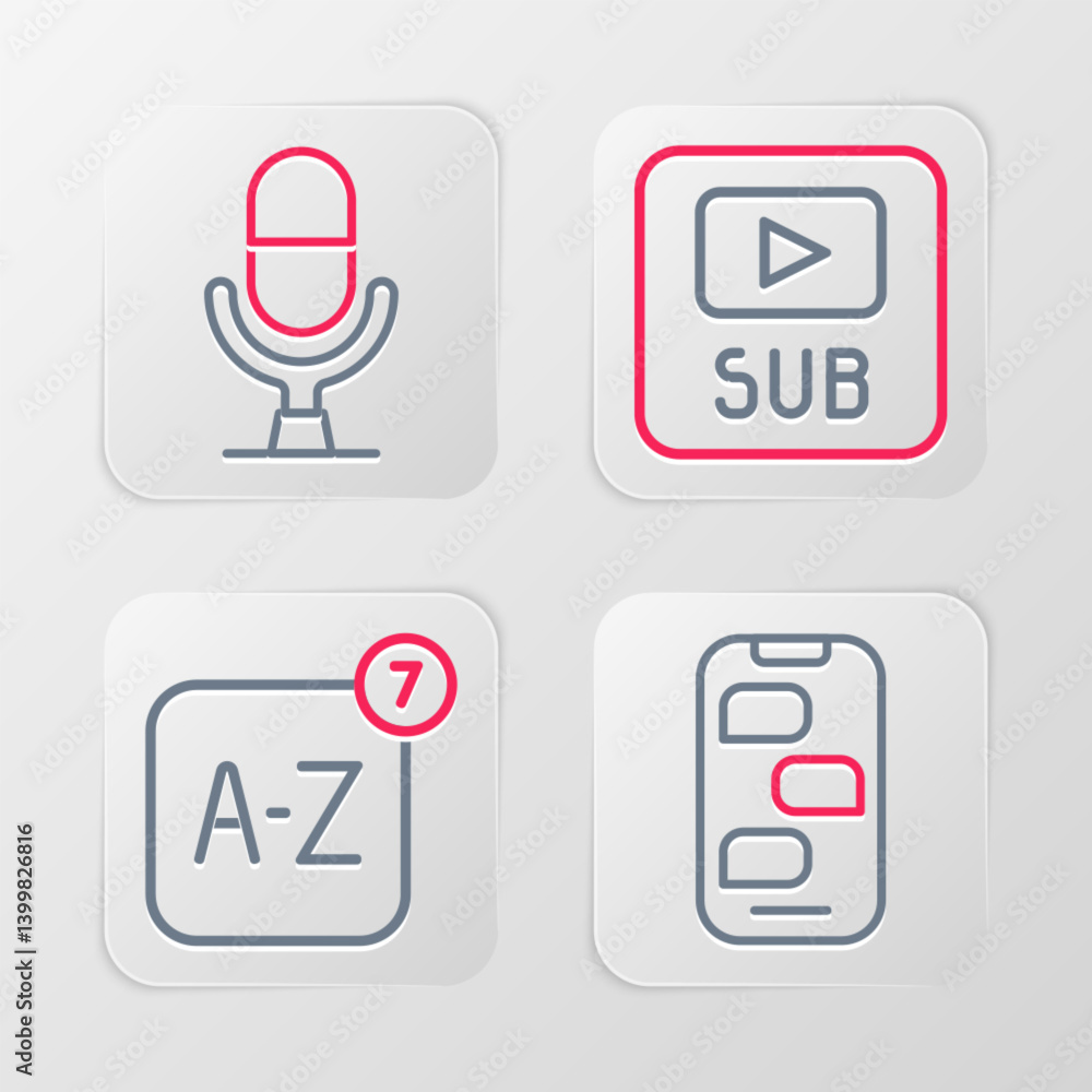 Poster set line new chat messages notification, online translator, video with subtitles and microphone voic