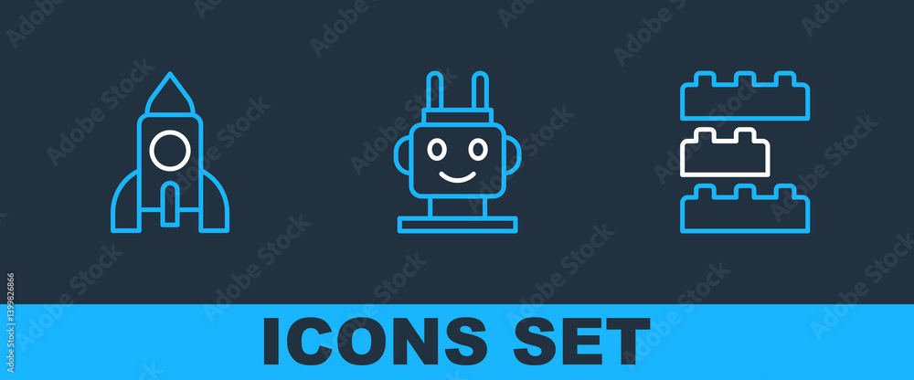 Poster set line toy building block bricks, rocket ship toy and robot icon. vector
