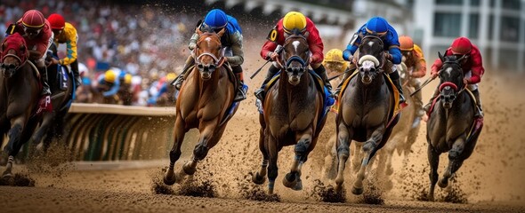 High-energy horse race with large group of horses and jockeys galloping closely together on dusty track. Kentucky Derby event, horse race, sport