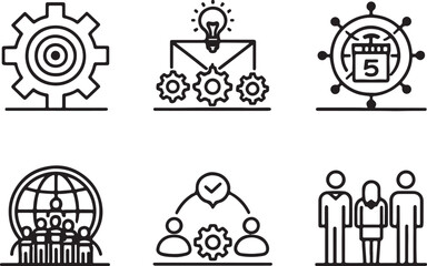 Set of 6 outline icons related to Teamwork. Linear icon collection communication. Editable stroke line art. Vector illustration.