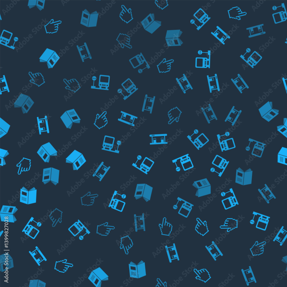 Aufkleber set pixel hand cursor, bus stop, gas filling station and open book on seamless pattern. vector
