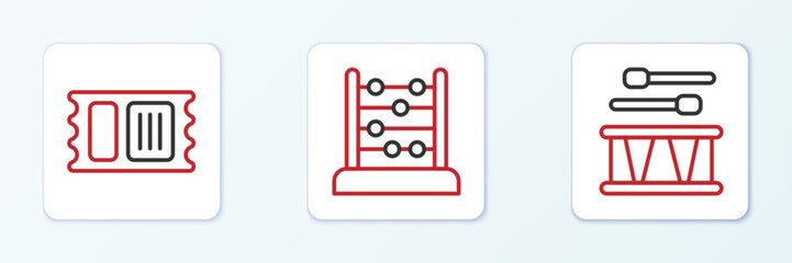 Set line Drum with drum sticks, Circus ticket and Abacus icon. Vector