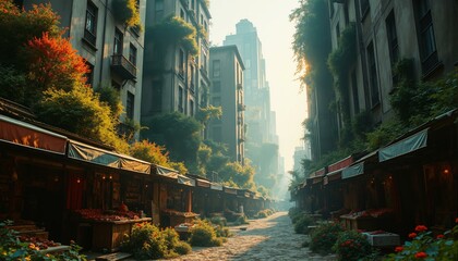 Fototapeta premium Overgrown marketplace within decaying skyscrapers; moss, lichen, silks, bronze jewelry, amber light, dust.