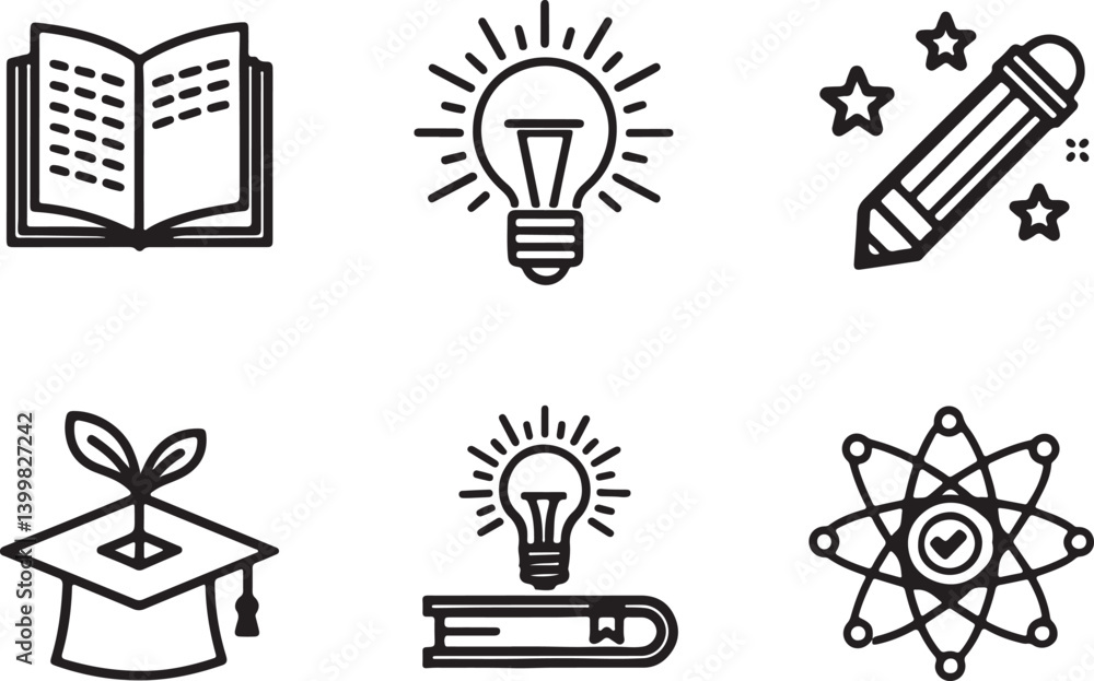 Poster set of 6 outline icons related to knowledge. linear icon collection of educational elements. editabl