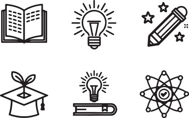 Set of 6 outline icons related to knowledge. Linear icon collection of educational elements. Editable stroke line art. Vector illustration.