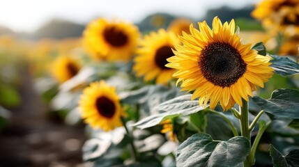 Naklejka premium A vibrant sunflower field basks under the warm sun with bright blossoms reaching towards the sky, embodying the essence of summer's beauty.