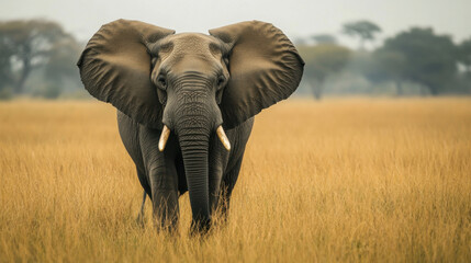 Fototapeta premium A large elephant with impressive tusks stands proudly amidst tall golden grasses in a vast savanna