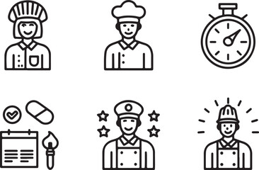Set of 6 outline icons related to practice. Linear icon collection: restaurant, worker, chief, and some. Editable stroke line art. Vector illustration.