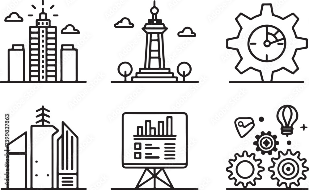 Poster set of 6 outline icons related to business architecture. linear icon collection corporation fundamen