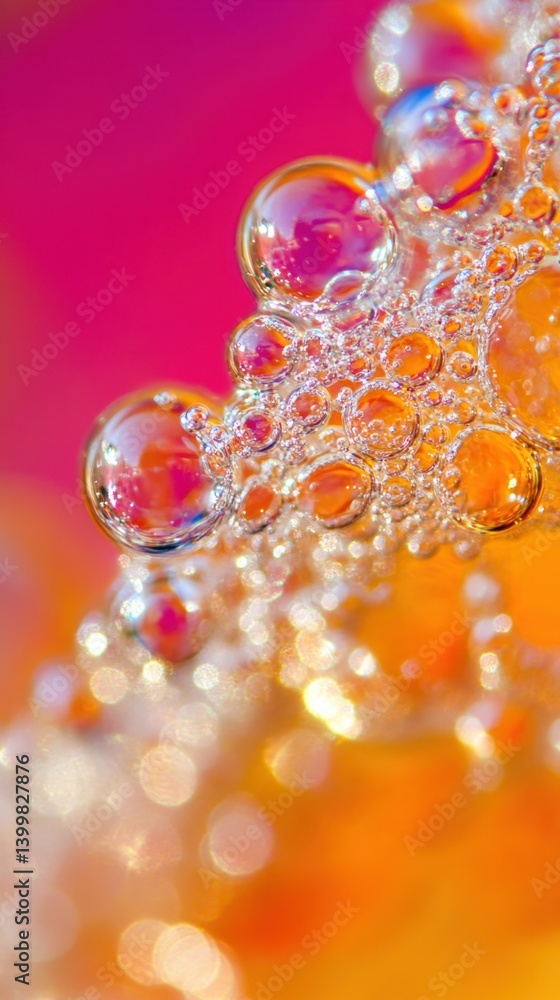 Poster abstract macro shot of vibrant bubbles with pink and orange hues creating a mesmerizing and sparklin