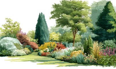 Illustration of a beautiful garden with trees and shrubs, Generative AI