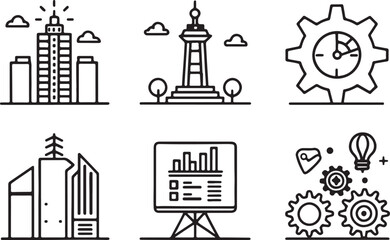 Set of 6 outline icons related to business architecture. Linear icon collection corporation fundamental. Editable stroke line art. Vector illustration.