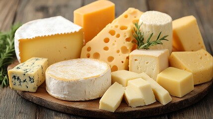 Assorted Cheeses on Wooden Board.
