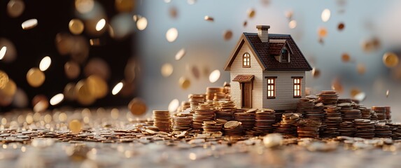Whimsical 3D illustration: miniature cottage perched on a mountain of gold coins, swirling coins and golden particles in air, bokeh light effects in warm-toned background