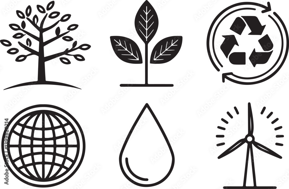 Poster set of 6 outline icons related to natural environment. linear icon collection. editable stroke line 