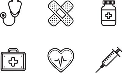 Set of 6 outline icons related to Hospital or medical elements. Linear icon collection of medicine, band, injection, first aid box, heart and some. Editable stroke line art. Vector illustration.
