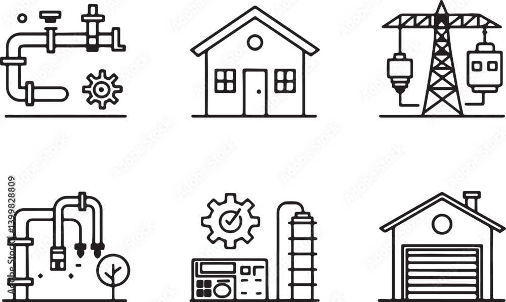 Poster set of 6 outline icons related to gouse engineering. linear icon collection home making system. edit