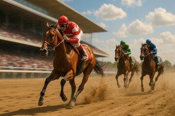 Fierce gallop bursts through dirt track, red-clad jockey leads powerful race under sunny sky surrounded by roaring crowd. Kentucky Derby event, horse race, sport