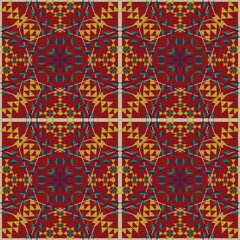 seamless geometric pattern with repeating diamond and triangular shapes in blue, green,yellow on red background.design for tile,ceramics,fabric,textile,wallpaper,background,carpet.
