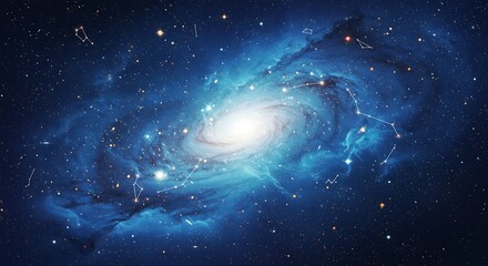 Fototapeta premium Celestial Swirl Ephemeral Cosmos Azure Galaxy's Heart Cosmic Dance Stardust Symphony Deep Blue Nebula Whispers of Creation Galactic Embrace Night's Embrace Celestial Tapestry AI Generated