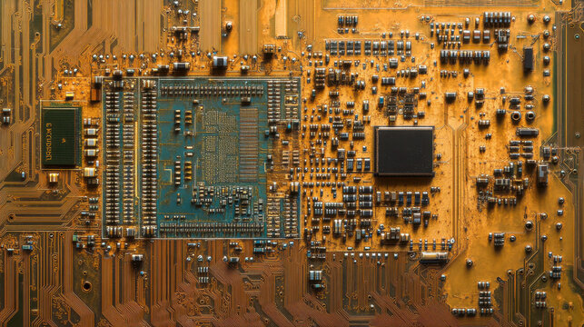 Close-up view of a detailed electronic circuit board featuring various components like resistors, capacitors, and microchips. The intricate layout highlights the technology's complexity