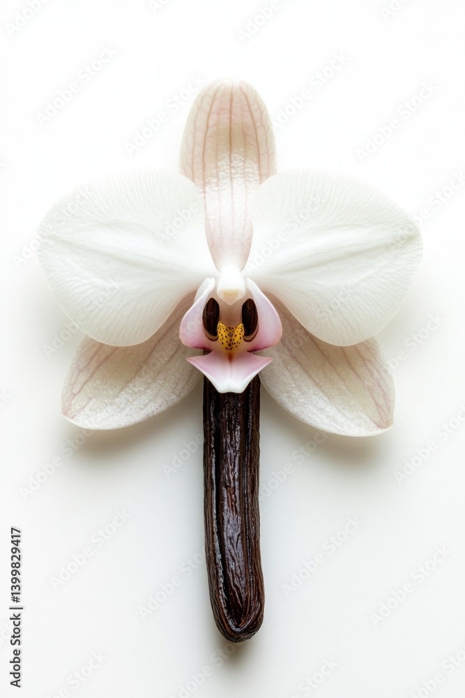 Poster Elegant orchid blossom paired with vanilla bean on a pristine white background creating a delicate and artistic composition for culinary and botanical themes