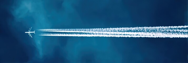 ：A commercial airplane in mid-flight against clear blue sky, twin white contrails streaming behind, centered composition with sharp focus on aircraft silhouette