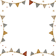 Frame watercolor illustration vintage garland of triangular flags, stars, dots in retro color for design of children's invitations, cards, posters, templates, congratulations, holiday, baby's birthday