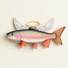 Fototapeta premium a rainbow trout with wings and halo, angelic concept, fantasy cartoon, isolated on white background