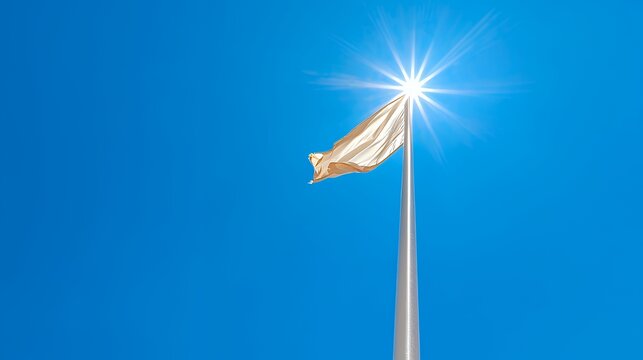 Beige flag waving against sunny blue sky