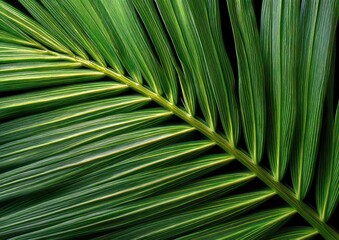 Close-up of vibrant green palm leaf with intricate lines and texture.