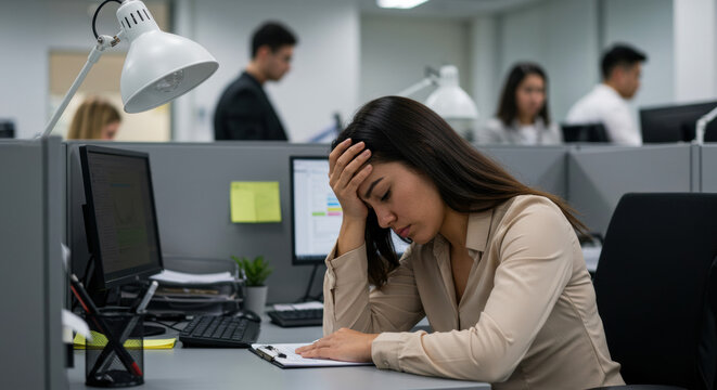 Stressful work environment with an employee feeling overwhelmed in a busy office setting