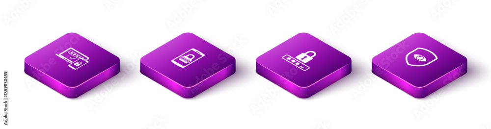 Poster set isometric two steps authentication, mobile and password, password protection and shield eye icon