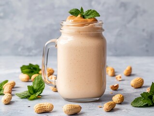 Creamy peanut butter smoothie, topped with mint, in a mason jar, surrounded by peanuts