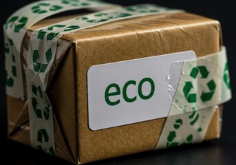Eco friendly brown box wrapped with recycle tape. Sustainable package for environmentally responsible delivery. Concept of greenwashing and environmental protection initiatives.
