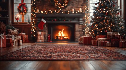 Cozy Christmas fireplace room with presents, warm carpet, and holiday decorations