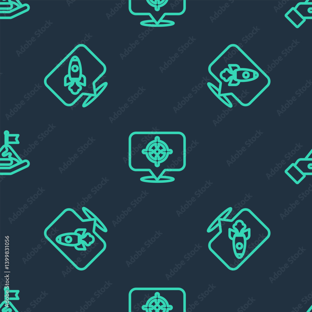 Poster set line target, rocket ship and mountains with flag on seamless pattern. vector