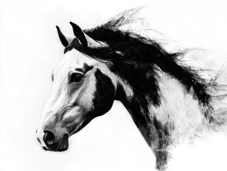 Majestic paint horse portrait, windswept mane, white background, art print