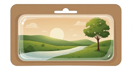 Beautiful landscape art in plastic blister package on cardboard. Nature concept for mindful consumption. Greenwashing and environmental awareness. For greeting card. 170 characters