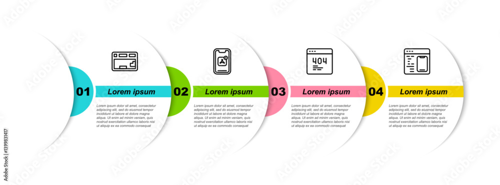 Poster set line keyboard, mobile apps, page with 404 error and software. business infographic template. vec